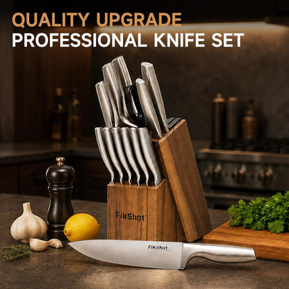 FIKSHOT 14 Pieces Knife Block Set German Stainless Steel with Sharpener