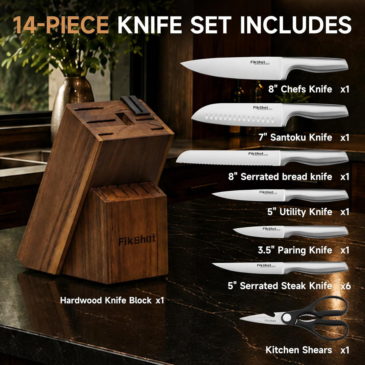 FIKSHOT 14 Pieces Knife Block Set German Stainless Steel with Sharpener