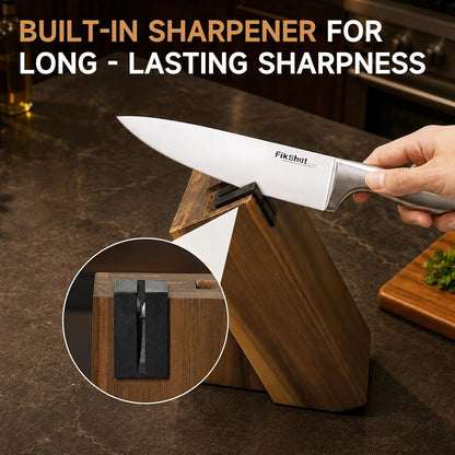 FIKSHOT 14 Pieces Knife Block Set German Stainless Steel with Sharpener