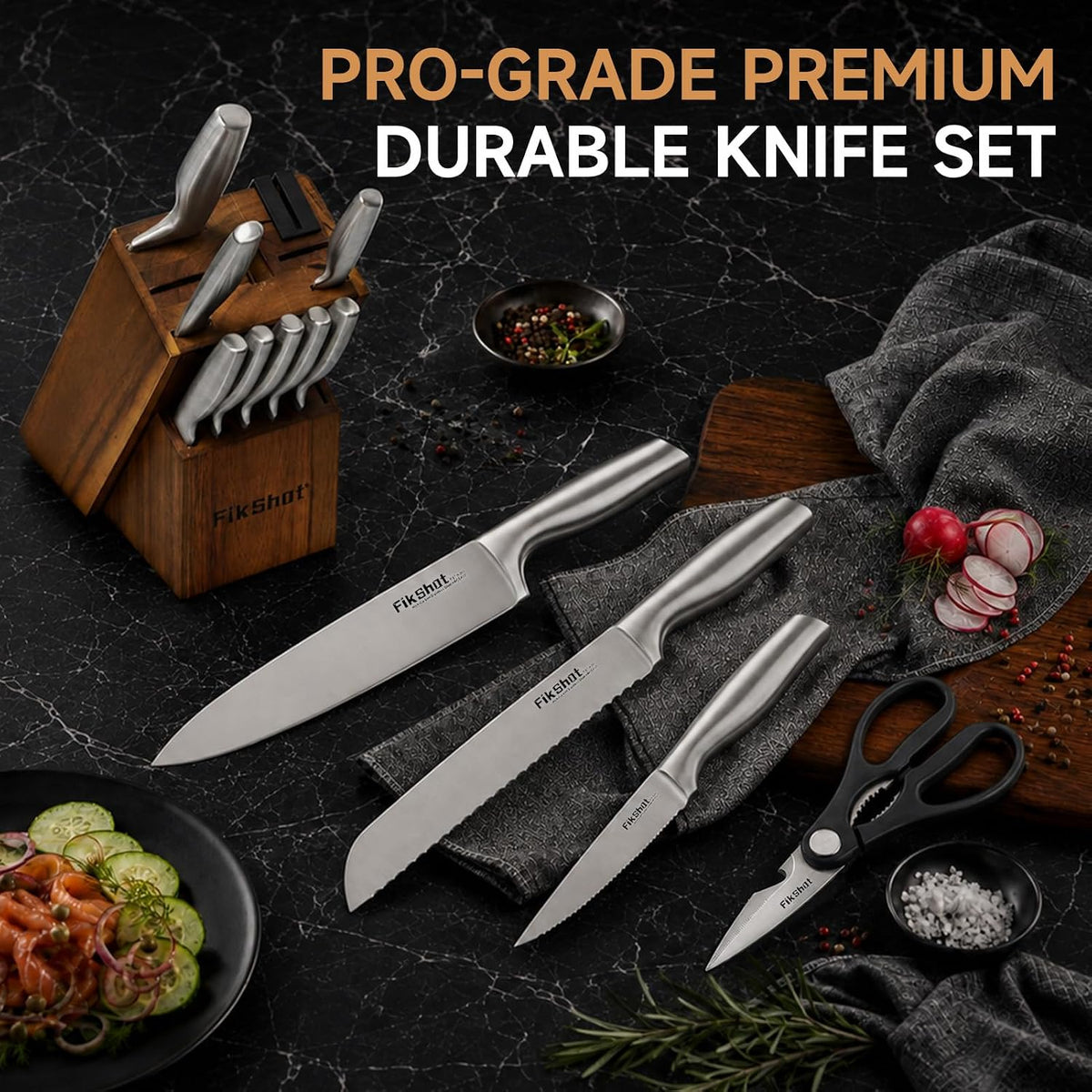 FIKSHOT 14 Pieces Knife Block Set German Stainless Steel with Sharpener