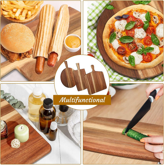 3 Pcs Acacia Wood Cutting Board Set with Handle for Charcuterie Cheese Chopping Serving Board Meat Bread Chopping Board Vegetables Fruit Kitchen Dining Room Decorative Wooden
