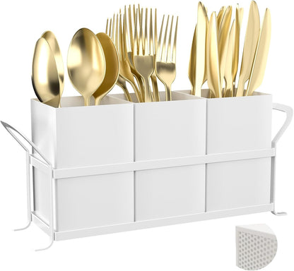 Silverware Caddy for Party, Metal Utensil Holder with Drain Holes, Spoons and Forks Cutlery Holder for Kitchen Countertop - White