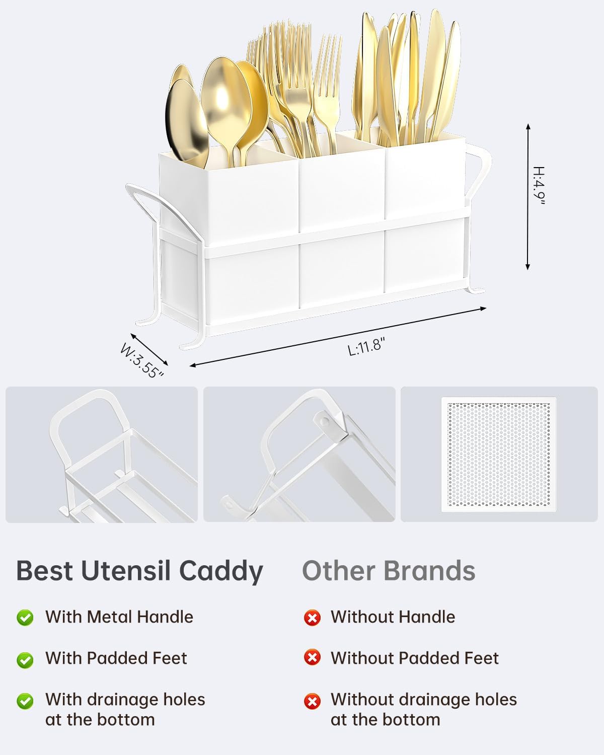 Silverware Caddy for Party, Metal Utensil Holder with Drain Holes, Spoons and Forks Cutlery Holder for Kitchen Countertop - White
