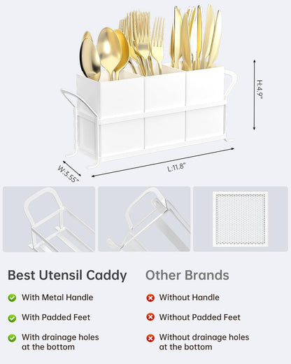 Silverware Caddy for Party, Metal Utensil Holder with Drain Holes, Spoons and Forks Cutlery Holder for Kitchen Countertop - White