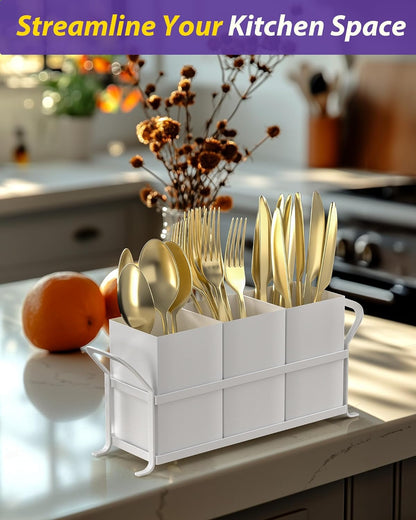 Silverware Caddy for Party, Metal Utensil Holder with Drain Holes, Spoons and Forks Cutlery Holder for Kitchen Countertop - White