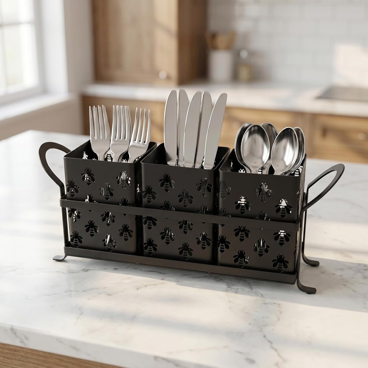 Silverware Caddy for Party, Metal Utensil Holder with Drain Holes, Spoons and Forks Cutlery Holder for Kitchen Countertop - White
