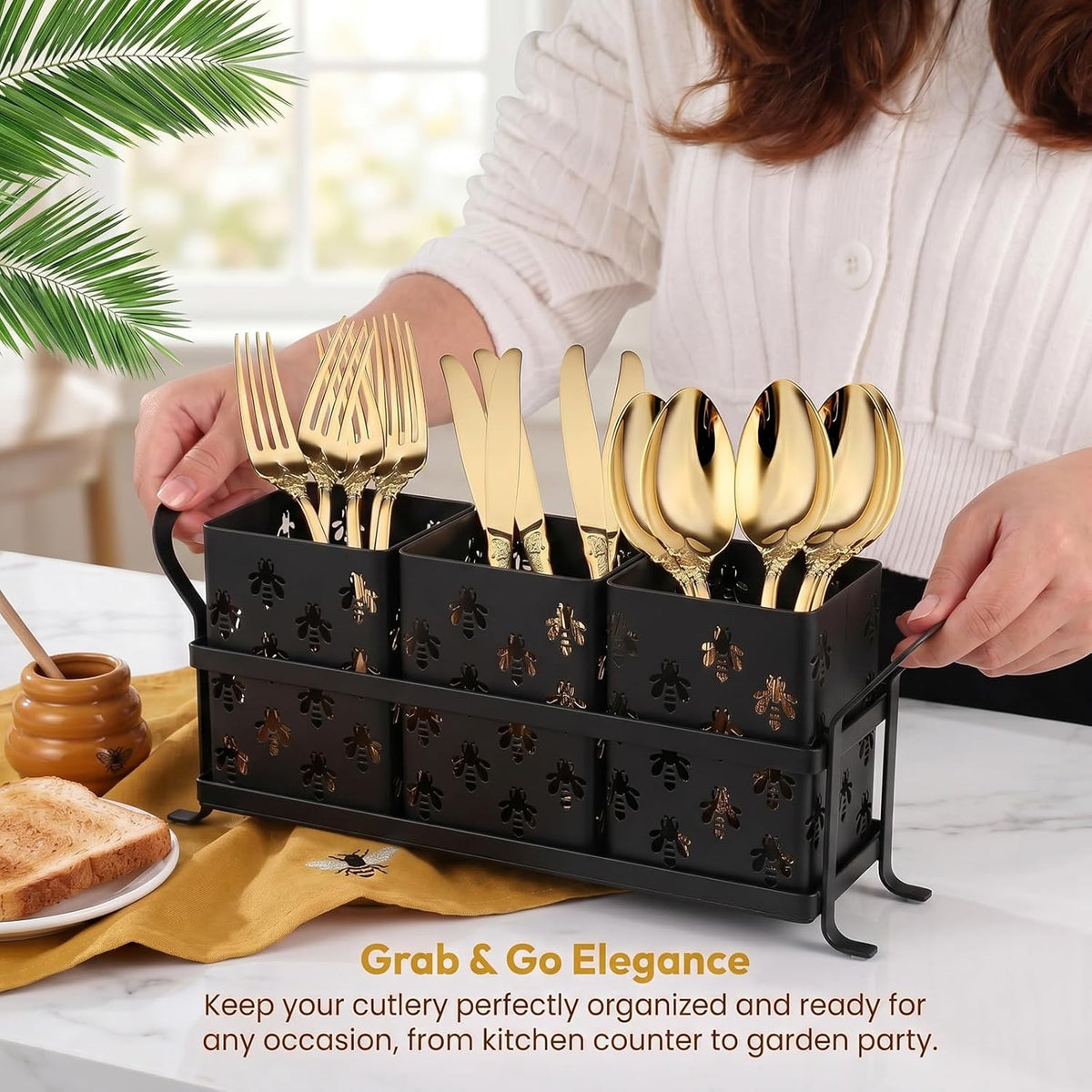 Silverware Caddy for Party, Metal Utensil Holder with Drain Holes, Spoons and Forks Cutlery Holder for Kitchen Countertop - White