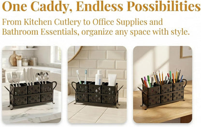 Silverware Caddy for Party, Metal Utensil Holder with Drain Holes, Spoons and Forks Cutlery Holder for Kitchen Countertop - White