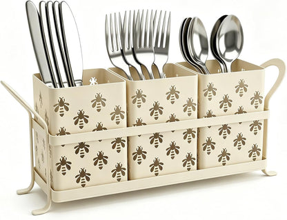 Silverware Caddy for Party, Metal Utensil Holder with Drain Holes, Spoons and Forks Cutlery Holder for Kitchen Countertop - White