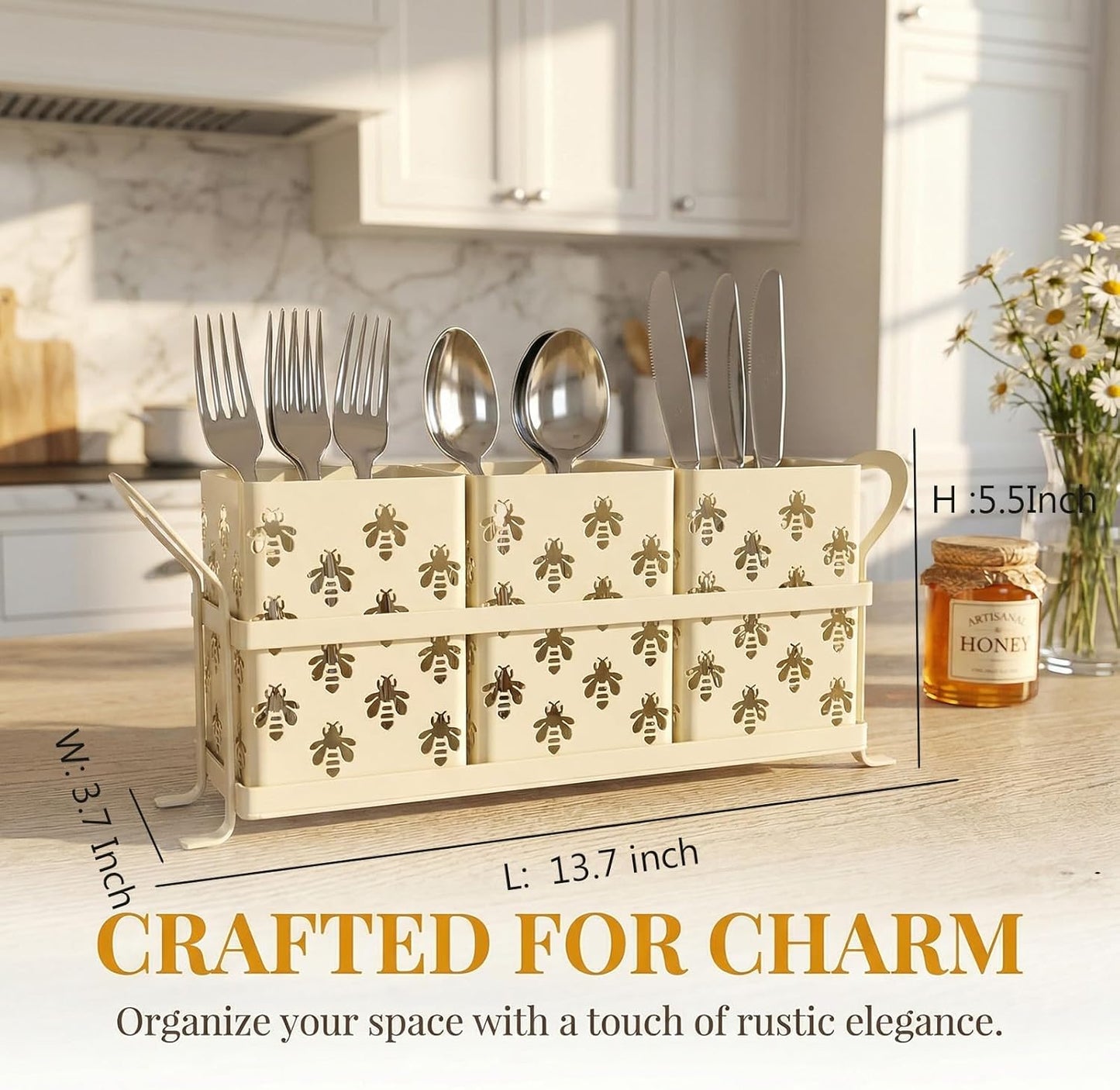 Silverware Caddy for Party, Metal Utensil Holder with Drain Holes, Spoons and Forks Cutlery Holder for Kitchen Countertop - White