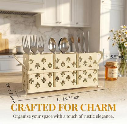 Silverware Caddy for Party, Metal Utensil Holder with Drain Holes, Spoons and Forks Cutlery Holder for Kitchen Countertop - White