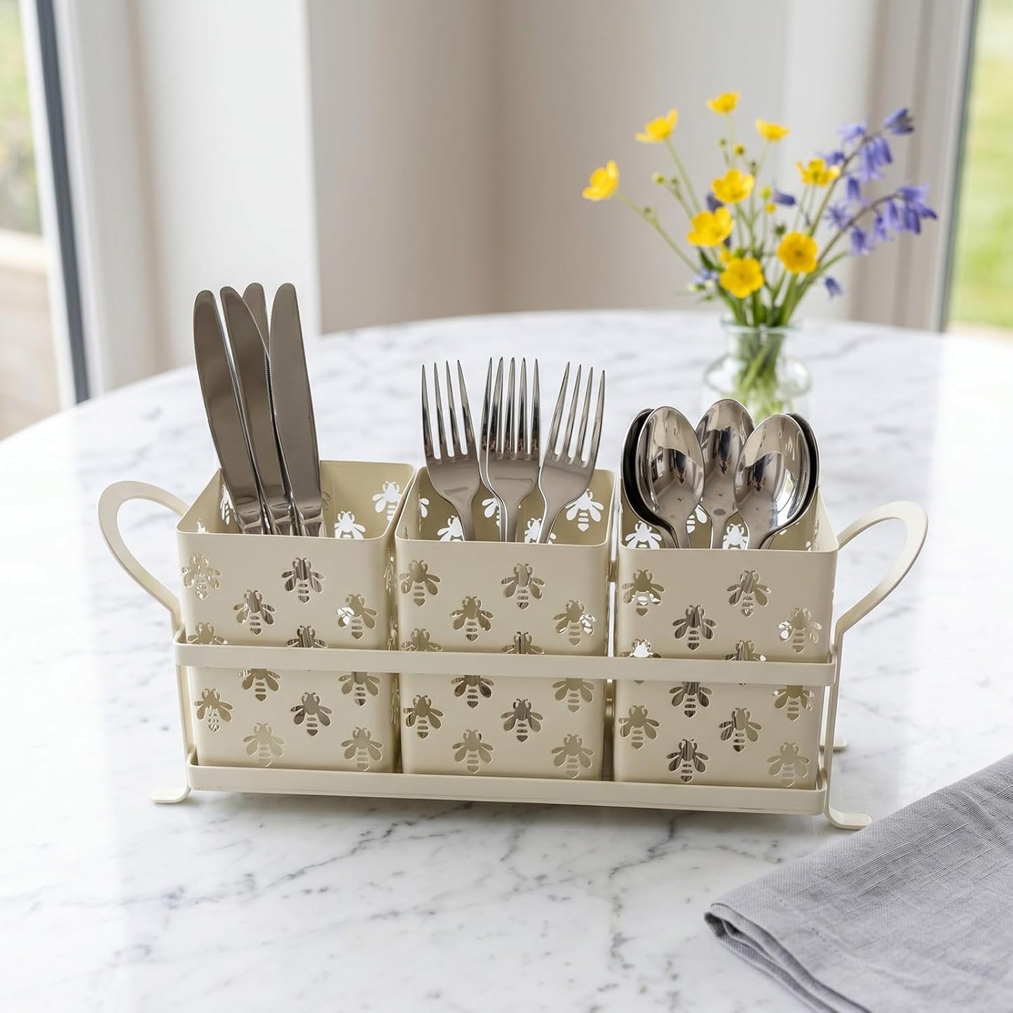 Silverware Caddy for Party, Metal Utensil Holder with Drain Holes, Spoons and Forks Cutlery Holder for Kitchen Countertop - White