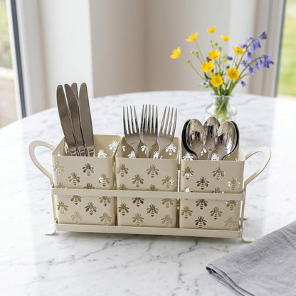 Silverware Caddy for Party, Metal Utensil Holder with Drain Holes, Spoons and Forks Cutlery Holder for Kitchen Countertop - White