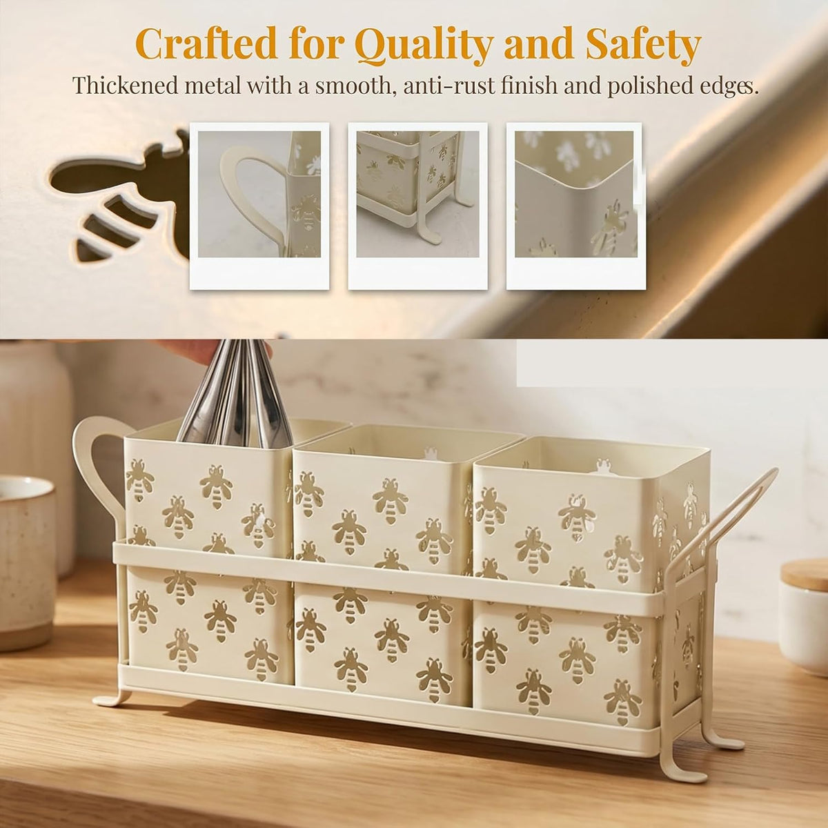 Silverware Caddy for Party, Metal Utensil Holder with Drain Holes, Spoons and Forks Cutlery Holder for Kitchen Countertop - White