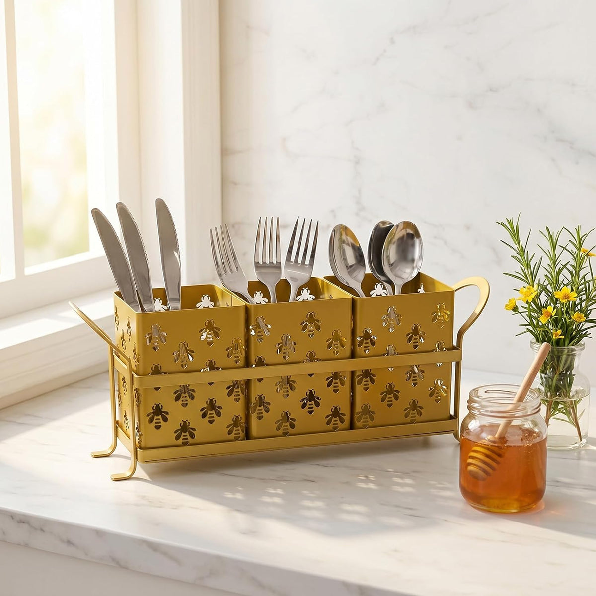 Silverware Caddy for Party, Metal Utensil Holder with Drain Holes, Spoons and Forks Cutlery Holder for Kitchen Countertop - White