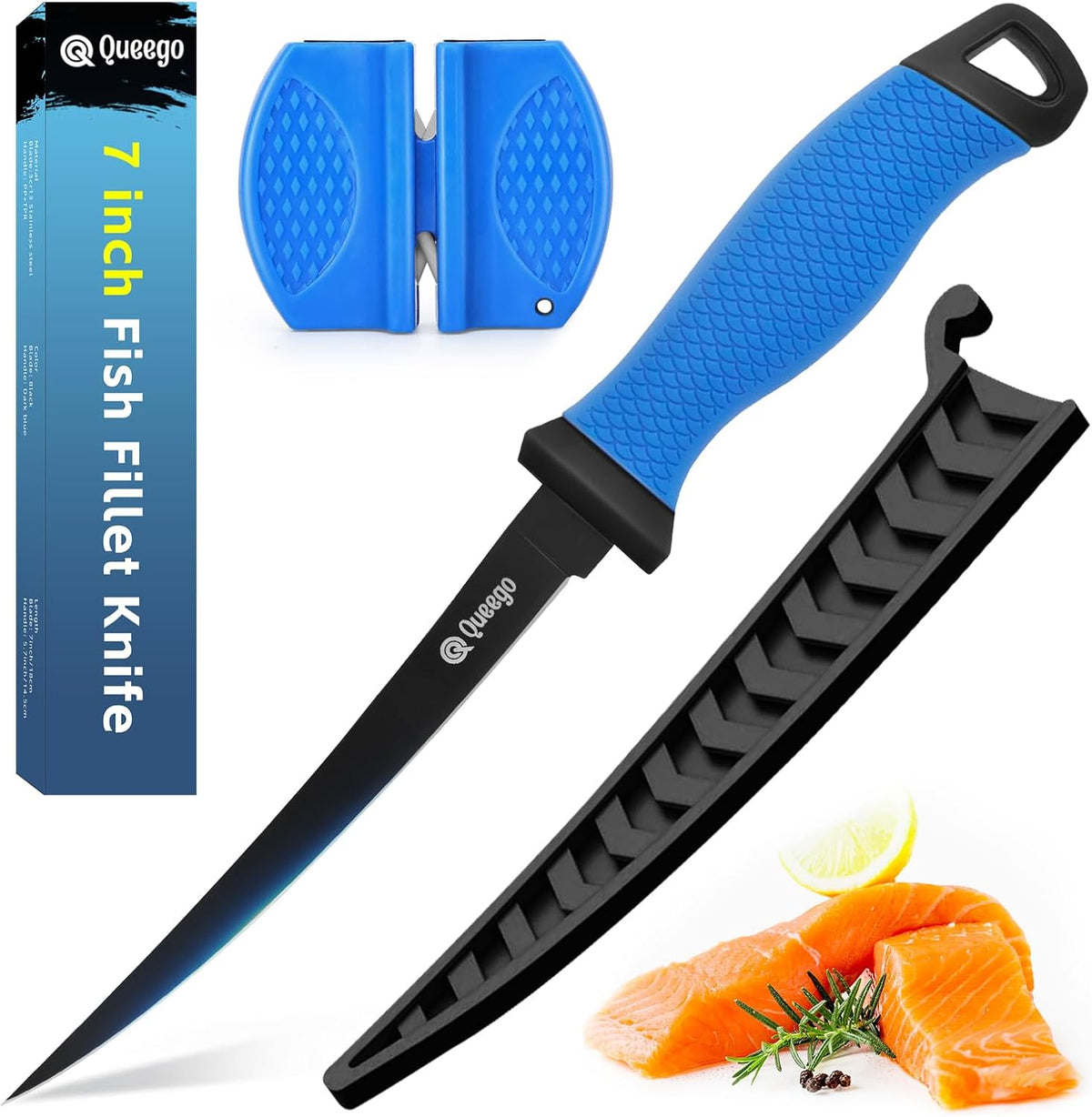 Fillet Knife, 7 Inches Professional Filet Knife for Fish, German G4116 Stainless Steel Blade Fishing Knifes with Two Stage Knife Sharpener,Non-Slip Handles, Protective Nylon Sheath
