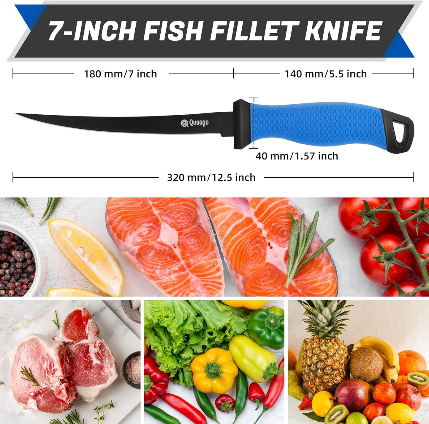 Fillet Knife, 7 Inches Professional Filet Knife for Fish, German G4116 Stainless Steel Blade Fishing Knifes with Two Stage Knife Sharpener,Non-Slip Handles, Protective Nylon Sheath