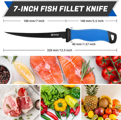 Fillet Knife, 7 Inches Professional Filet Knife for Fish, German G4116 Stainless Steel Blade Fishing Knifes with Two Stage Knife Sharpener,Non-Slip Handles, Protective Nylon Sheath