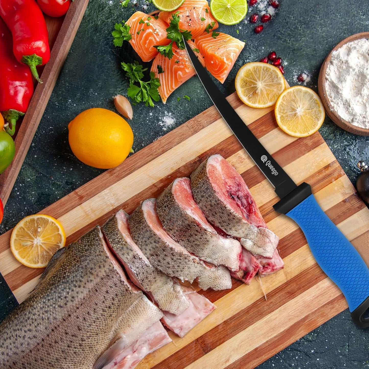 Fillet Knife, 7 Inches Professional Filet Knife for Fish, German G4116 Stainless Steel Blade Fishing Knifes with Two Stage Knife Sharpener,Non-Slip Handles, Protective Nylon Sheath