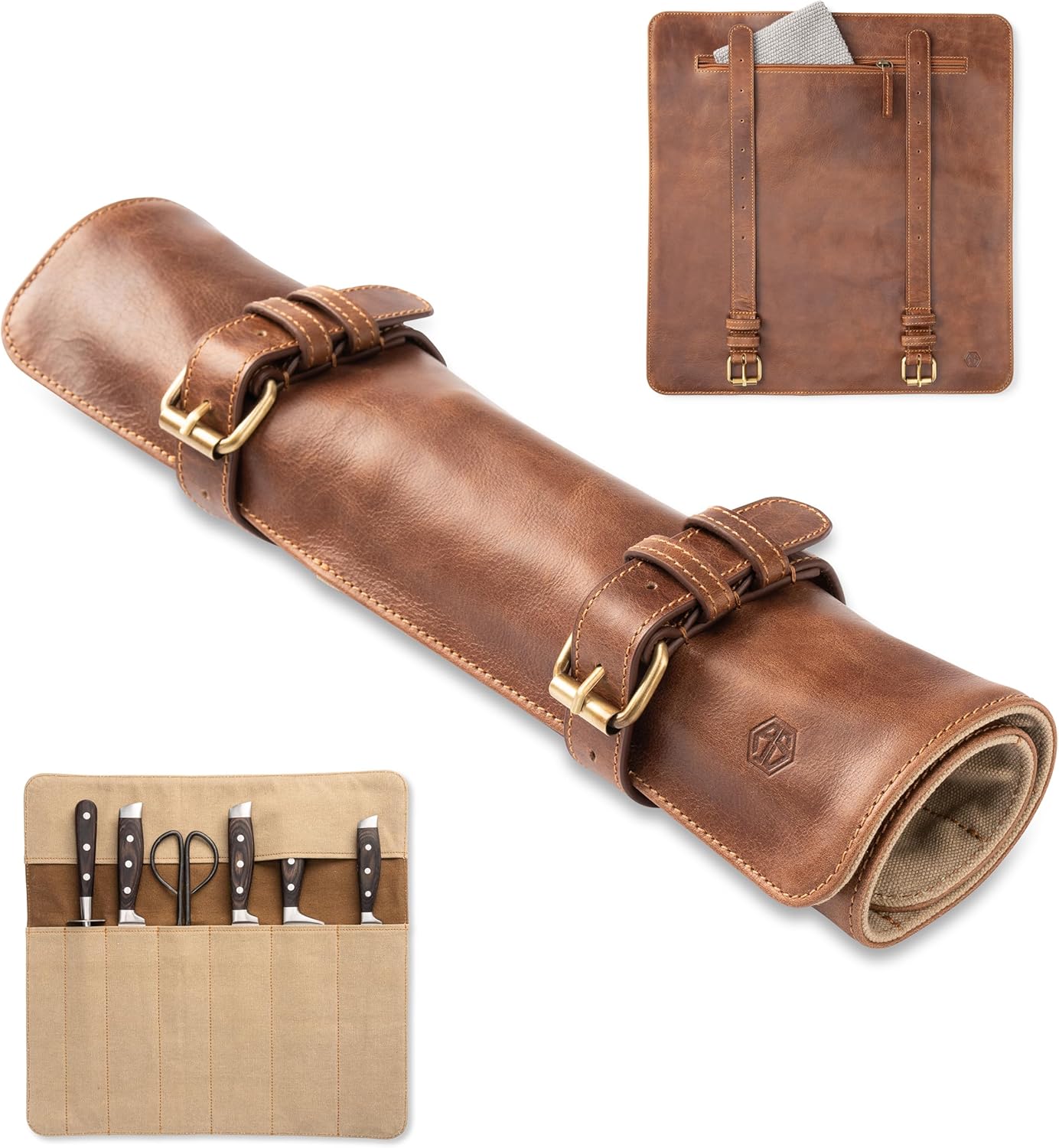 knife roll bag, genuine buffalo leather - chef's knife bag with 7 slots + extra accessories bag Soeren (Mahogany)