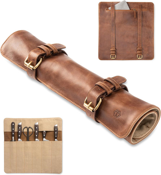knife roll bag, genuine buffalo leather - chef's knife bag with 7 slots + extra accessories bag Soeren (Mahogany)