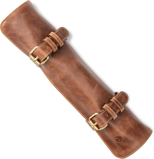 knife roll bag, genuine buffalo leather - chef's knife bag with 7 slots + extra accessories bag Soeren (Mahogany)