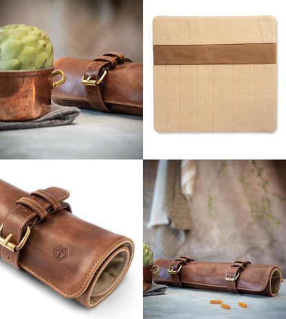 knife roll bag, genuine buffalo leather - chef's knife bag with 7 slots + extra accessories bag Soeren (Mahogany)