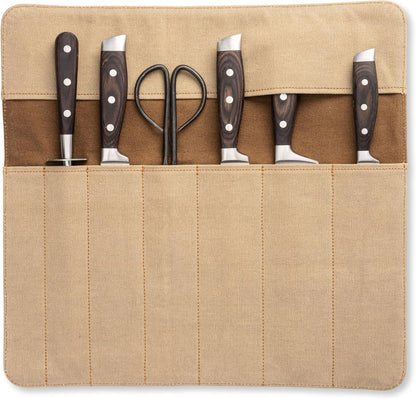 knife roll bag, genuine buffalo leather - chef's knife bag with 7 slots + extra accessories bag Soeren (Mahogany)