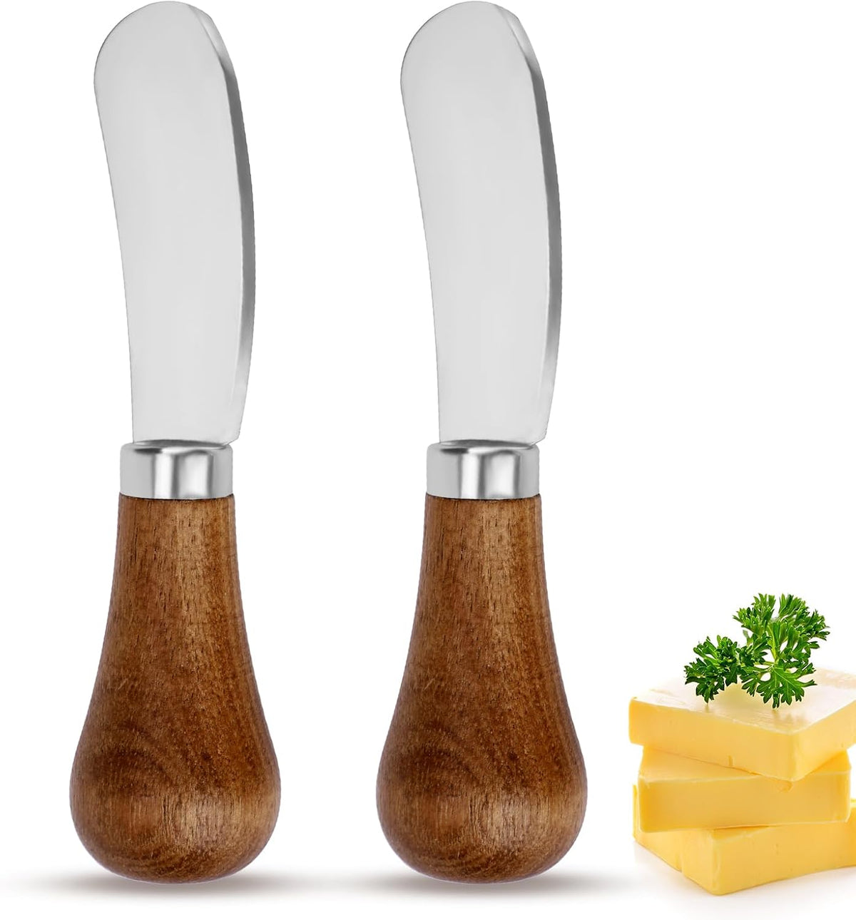 Butter Spreader Knife - 2 Pack Standing Cheese Butter Knives Set Stainless Steel Cheese Spreader Knife with Wooden Handle, Cheese Knife for Cold Butter Peanut Butter Jam Fruit