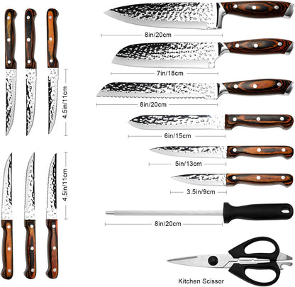 Kitchen Knife Set,15-Piece Knife Set With Block Wooden,Self Sharpening For Chef Knife Set,High Carbon Japan Stainless Steel Hammered Collection Knife Block Set with Steak Knives, Boxed Knife Set