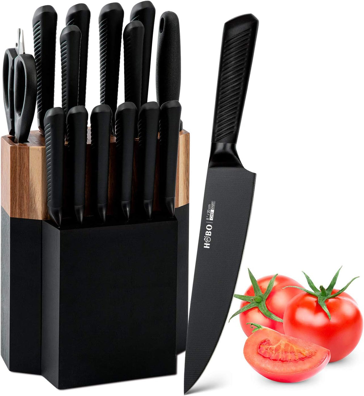 Kitchen Knife Set,15-Piece Knife Set With Block Wooden,Self Sharpening For Chef Knife Set,High Carbon Japan Stainless Steel Hammered Collection Knife Block Set with Steak Knives, Boxed Knife Set