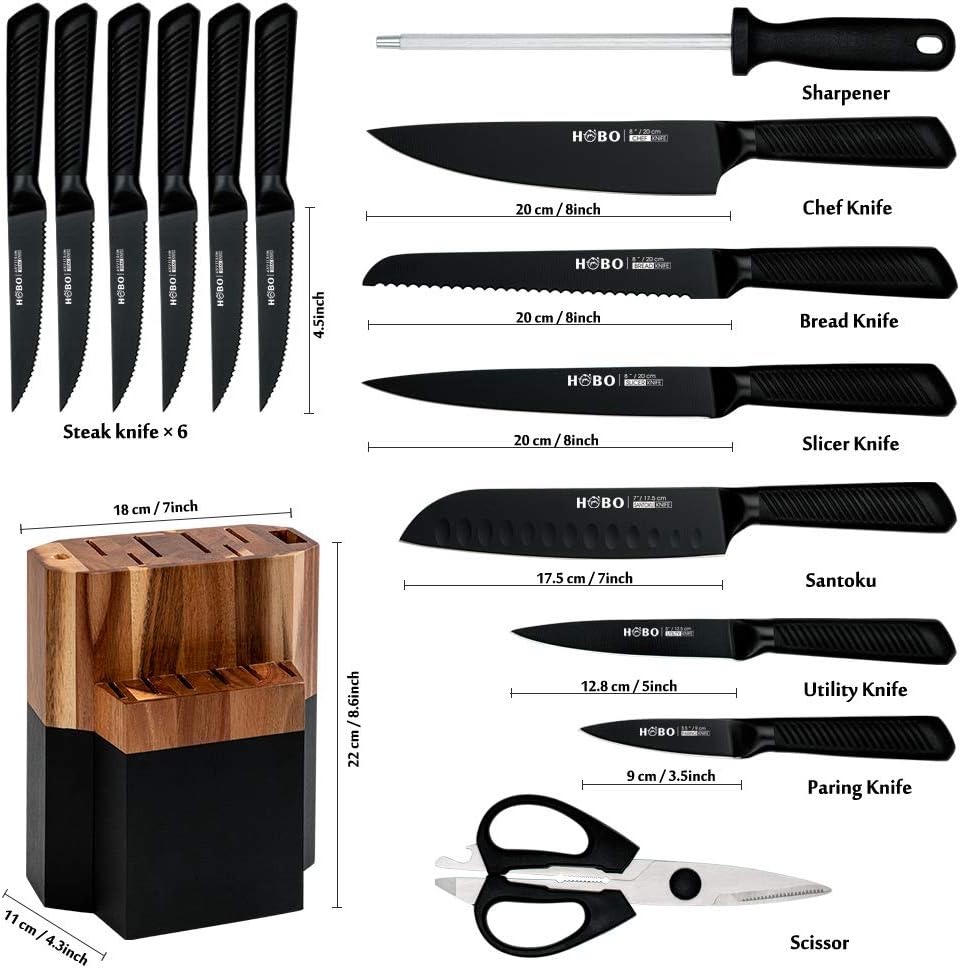 Kitchen Knife Set,15-Piece Knife Set With Block Wooden,Self Sharpening For Chef Knife Set,High Carbon Japan Stainless Steel Hammered Collection Knife Block Set with Steak Knives, Boxed Knife Set