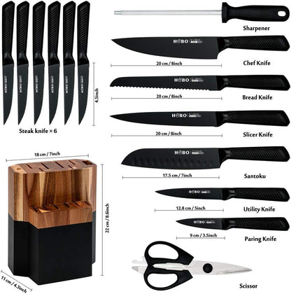 Kitchen Knife Set,15-Piece Knife Set With Block Wooden,Self Sharpening For Chef Knife Set,High Carbon Japan Stainless Steel Hammered Collection Knife Block Set with Steak Knives, Boxed Knife Set