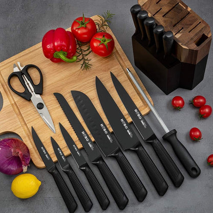 Kitchen Knife Set,15-Piece Knife Set With Block Wooden,Self Sharpening For Chef Knife Set,High Carbon Japan Stainless Steel Hammered Collection Knife Block Set with Steak Knives, Boxed Knife Set