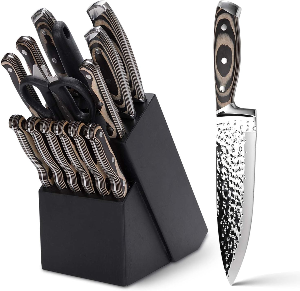 Kitchen Knife Set,15-Piece Knife Set With Block Wooden,Self Sharpening For Chef Knife Set,High Carbon Japan Stainless Steel Hammered Collection Knife Block Set with Steak Knives, Boxed Knife Set