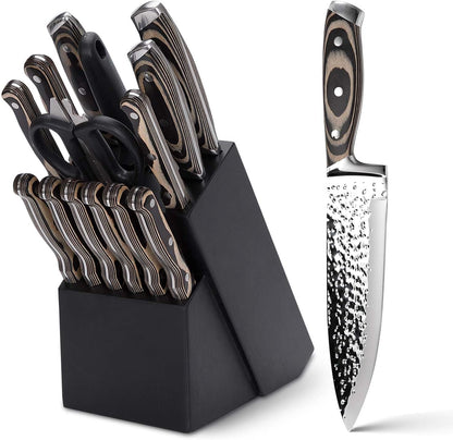 Kitchen Knife Set,15-Piece Knife Set With Block Wooden,Self Sharpening For Chef Knife Set,High Carbon Japan Stainless Steel Hammered Collection Knife Block Set with Steak Knives, Boxed Knife Set