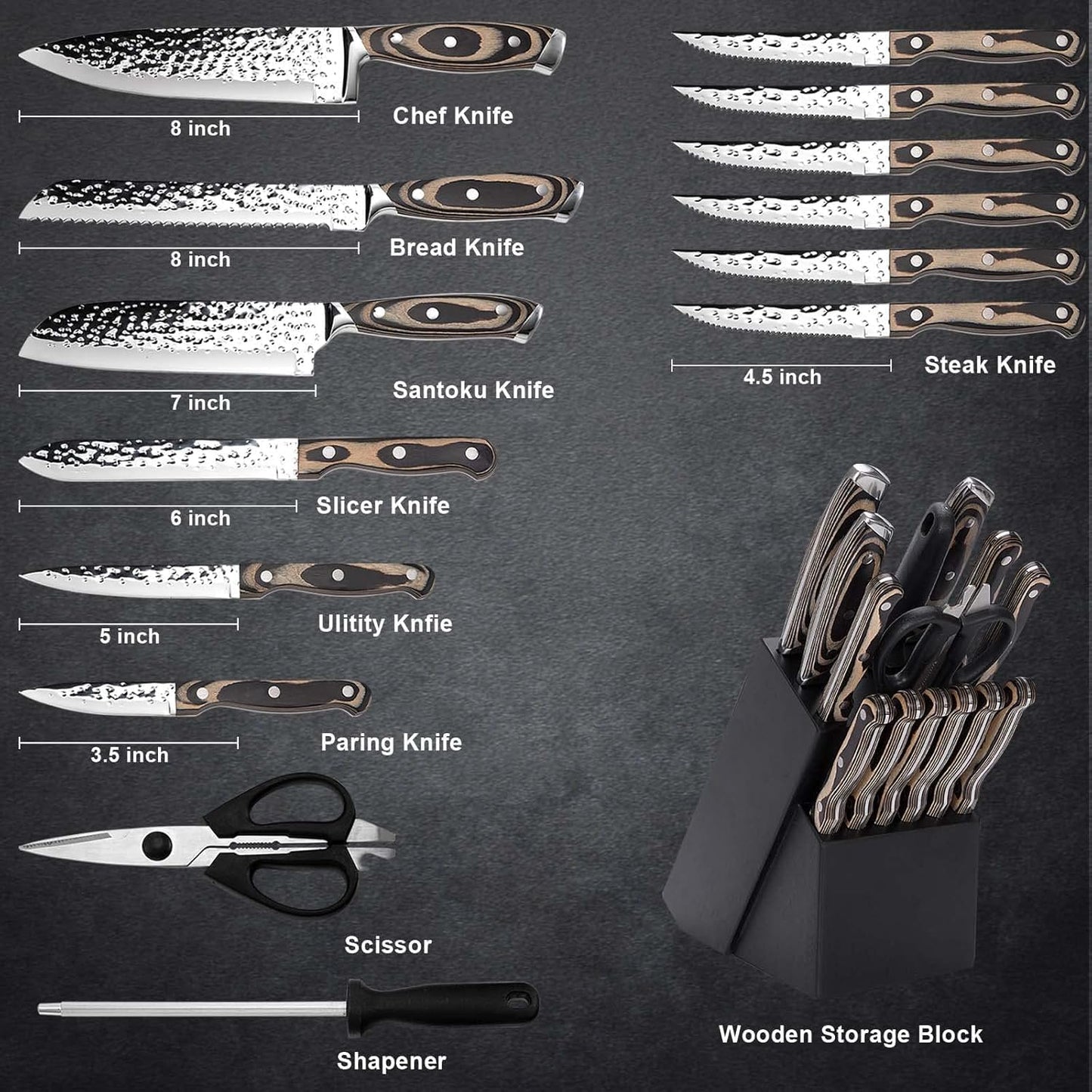 Kitchen Knife Set,15-Piece Knife Set With Block Wooden,Self Sharpening For Chef Knife Set,High Carbon Japan Stainless Steel Hammered Collection Knife Block Set with Steak Knives, Boxed Knife Set