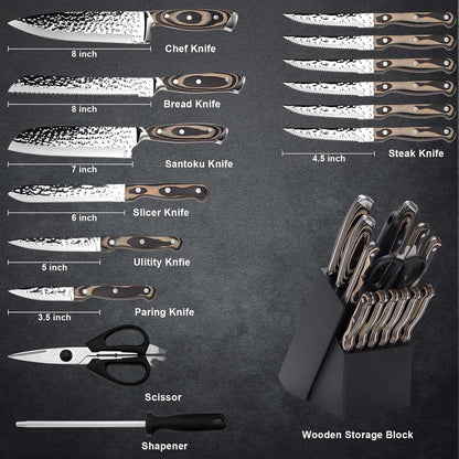Kitchen Knife Set,15-Piece Knife Set With Block Wooden,Self Sharpening For Chef Knife Set,High Carbon Japan Stainless Steel Hammered Collection Knife Block Set with Steak Knives, Boxed Knife Set