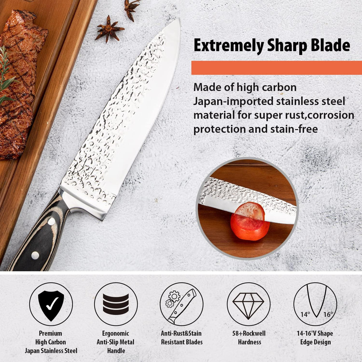 Kitchen Knife Set,15-Piece Knife Set With Block Wooden,Self Sharpening For Chef Knife Set,High Carbon Japan Stainless Steel Hammered Collection Knife Block Set with Steak Knives, Boxed Knife Set