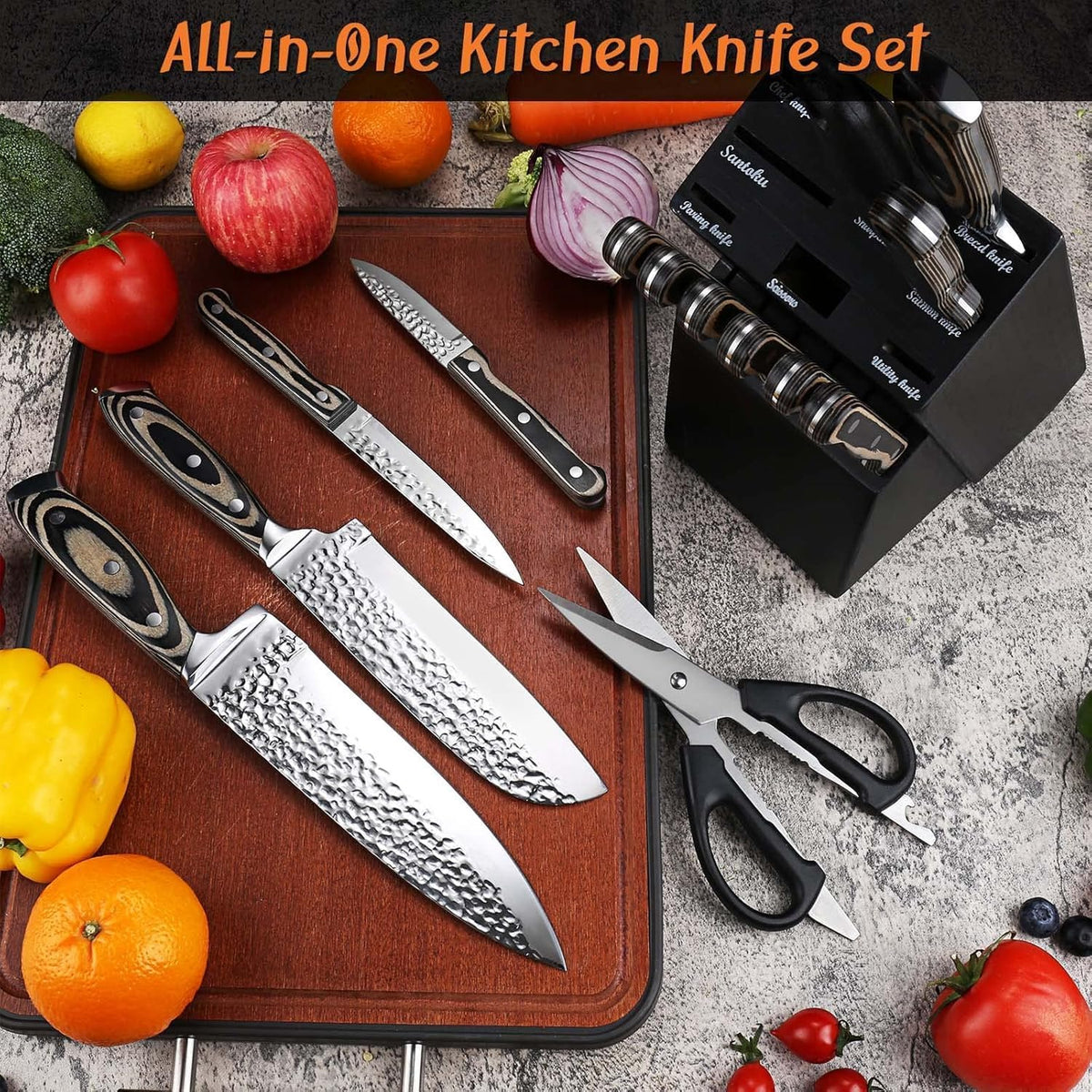 Kitchen Knife Set,15-Piece Knife Set With Block Wooden,Self Sharpening For Chef Knife Set,High Carbon Japan Stainless Steel Hammered Collection Knife Block Set with Steak Knives, Boxed Knife Set
