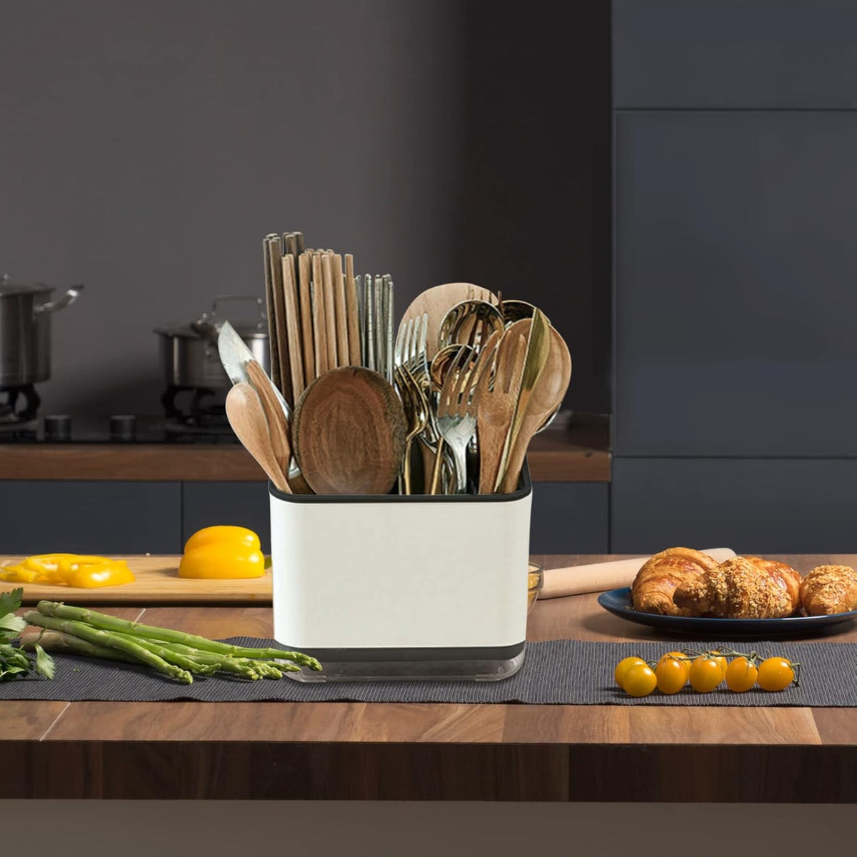Utensil Holder Cutlery Drainer Sink Caddy, Chopsticks Holder, Grey | Spoon Chopsticks Fork Drain Rack Basket Storage Holder Organizer Compartment Box, Utensil Crock for Silverware Spoon Spatula