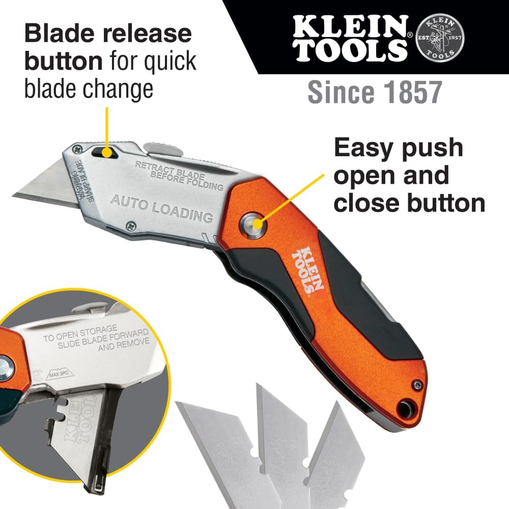 44130 Utility Knife, Auto-Loading Folding Heavy Duty Retractable Box Cutter, Blade Storage, 3 Blades and Pocket Clip Included