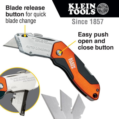 44130 Utility Knife, Auto-Loading Folding Heavy Duty Retractable Box Cutter, Blade Storage, 3 Blades and Pocket Clip Included