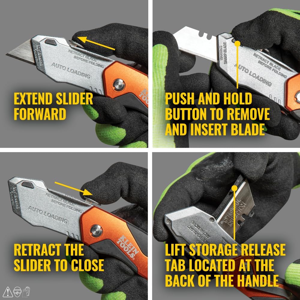 44130 Utility Knife, Auto-Loading Folding Heavy Duty Retractable Box Cutter, Blade Storage, 3 Blades and Pocket Clip Included