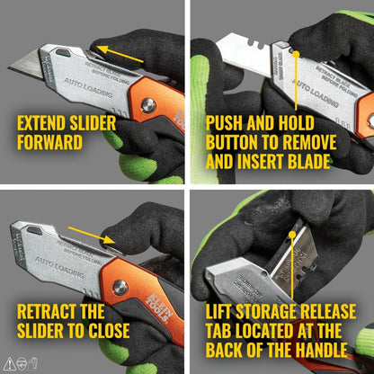 44130 Utility Knife, Auto-Loading Folding Heavy Duty Retractable Box Cutter, Blade Storage, 3 Blades and Pocket Clip Included