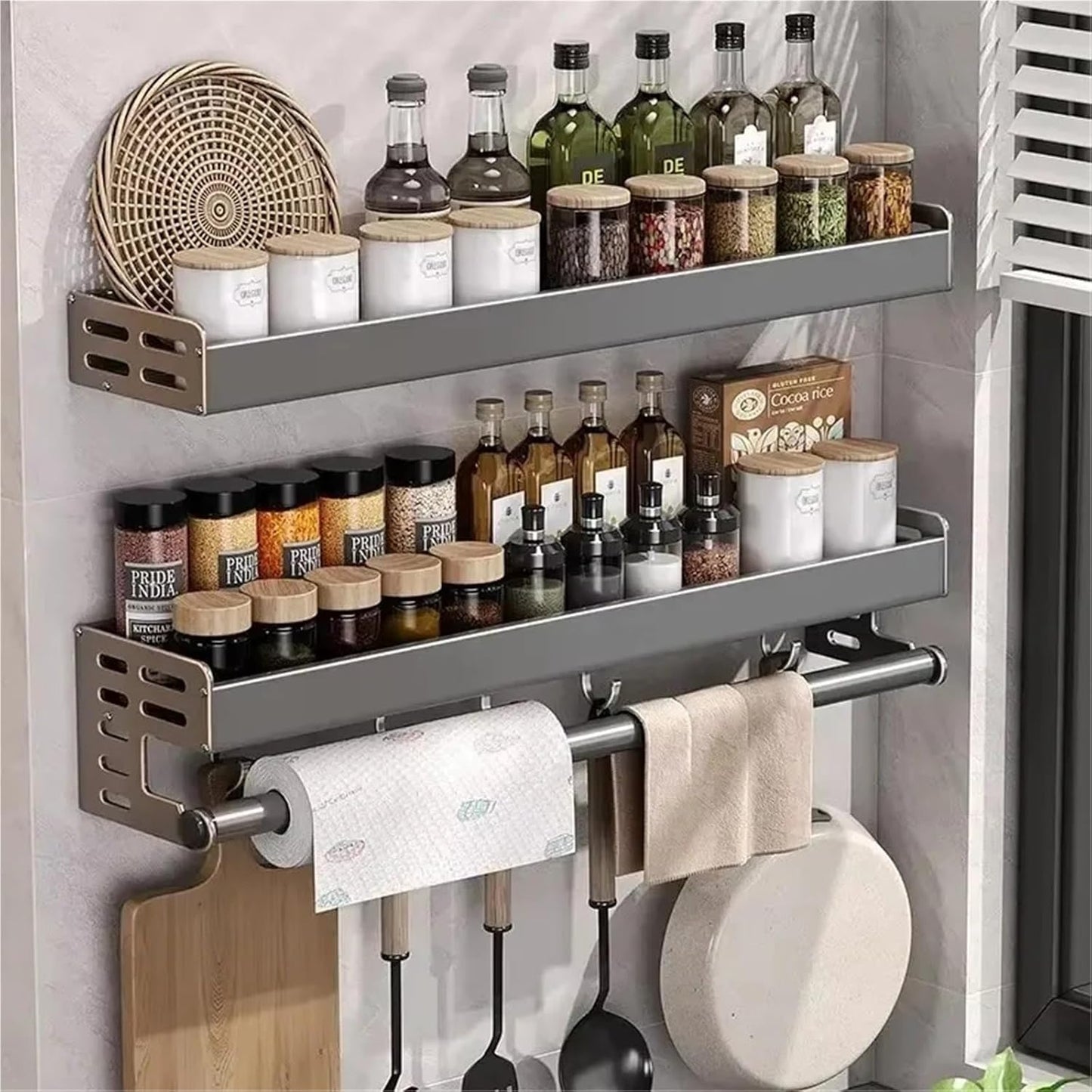 Kitchen Utensil Rack Wall Mounted, Spice Storage Rack, Hanging Storage Rack with Hooks, Cutlery Knife Holder for Knife Spoon Fork Chopsticks Towel (Black)
