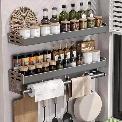 Kitchen Utensil Rack Wall Mounted, Spice Storage Rack, Hanging Storage Rack with Hooks, Cutlery Knife Holder for Knife Spoon Fork Chopsticks Towel (Black)
