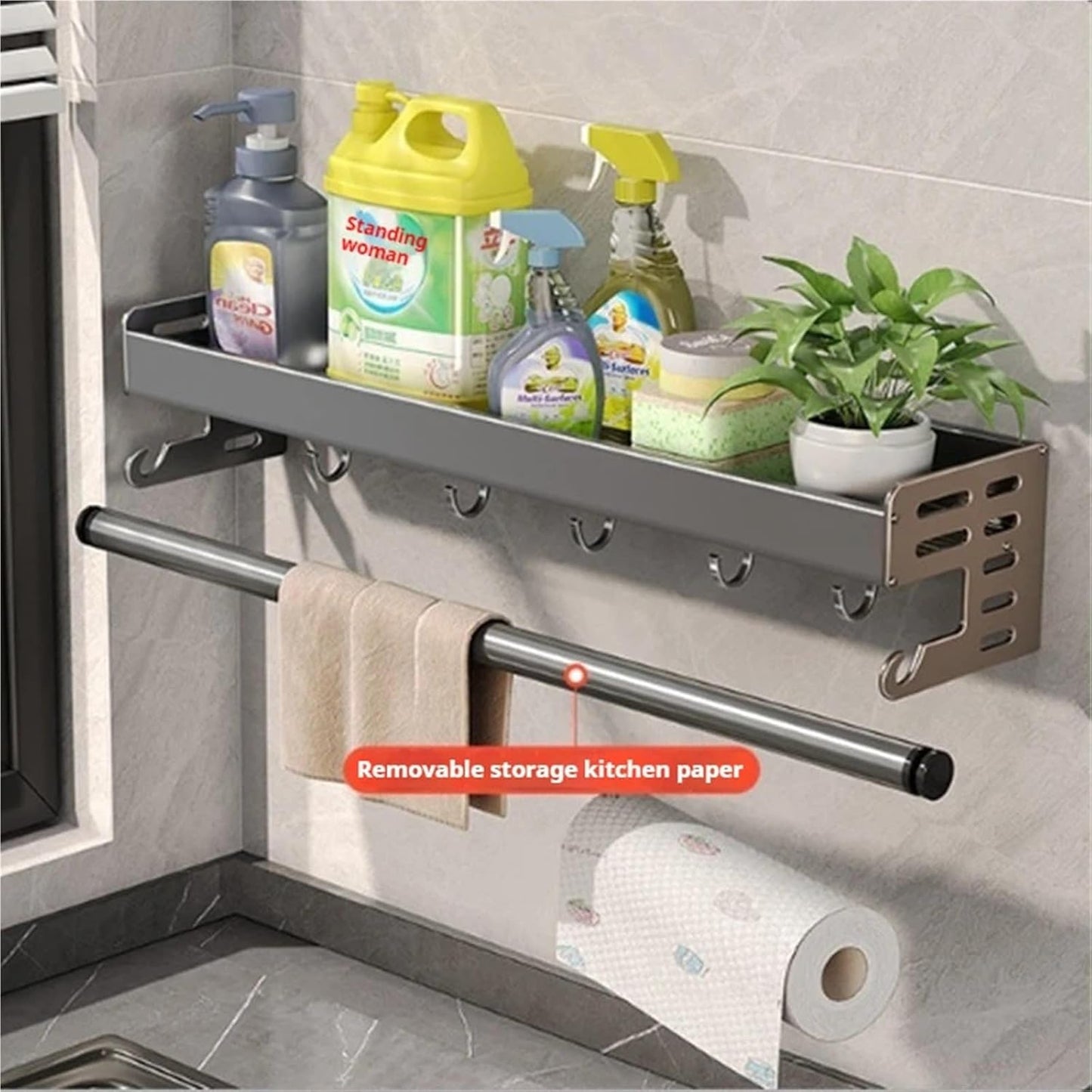 Kitchen Utensil Rack Wall Mounted, Spice Storage Rack, Hanging Storage Rack with Hooks, Cutlery Knife Holder for Knife Spoon Fork Chopsticks Towel (Black)