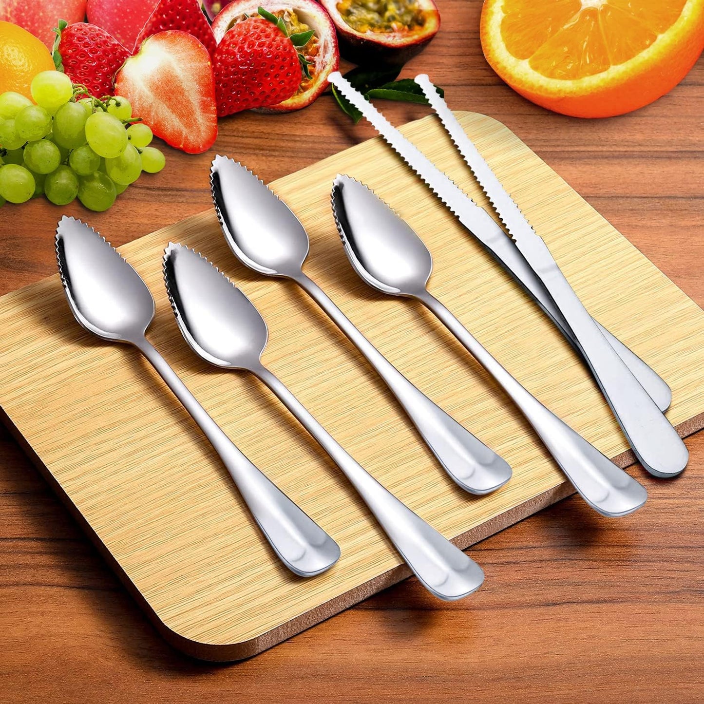 Nunnik Grapefruit Spoons Grapefruit Knife 6 Piece Stainless Steel Grapefruit Utensil Set Grapfruit knife Serrated Spoon Silver Fruit Knife Set Kitchen Gadgets for Grape Kiwi Lemon Desserts