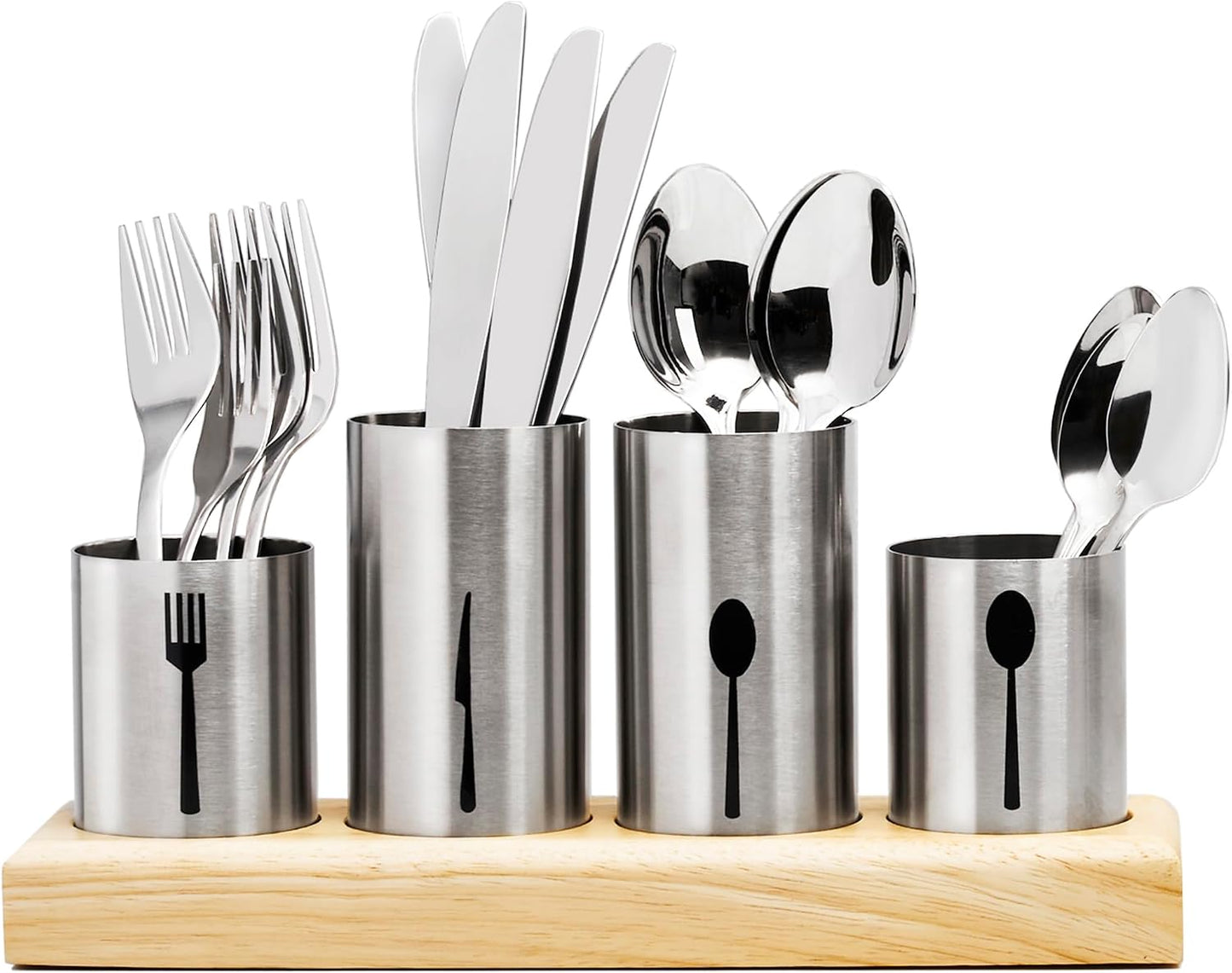 Utensil Holder,Upright Silverware Holder with Caddy for Spoons, Knives and Forks, Entertaining,Stainless Steel Cutlery Organizer with Bamboo Wood Base